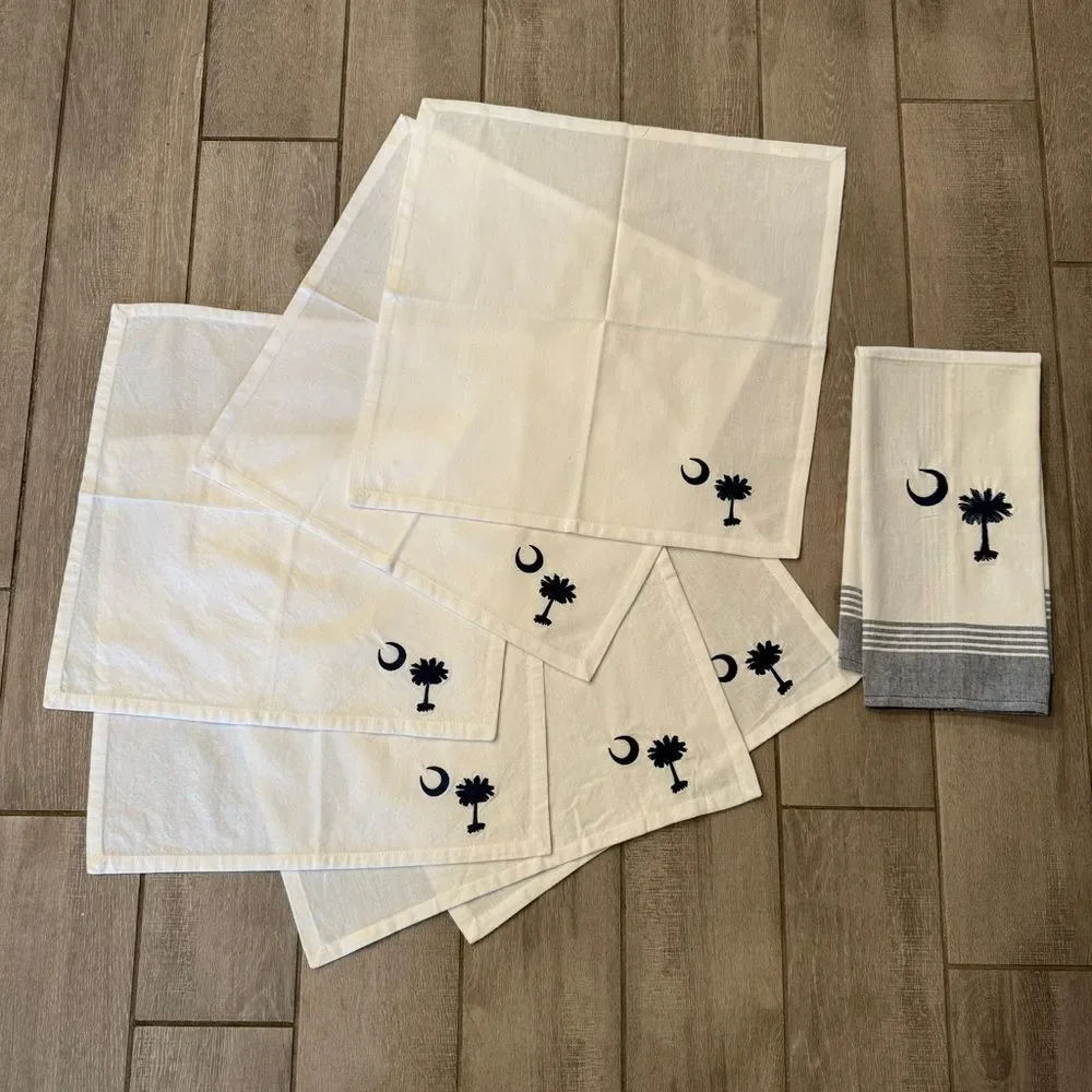 Dunroven House South Carolina Palm & Moon 6 Embroidered Napkins + Tea Towel